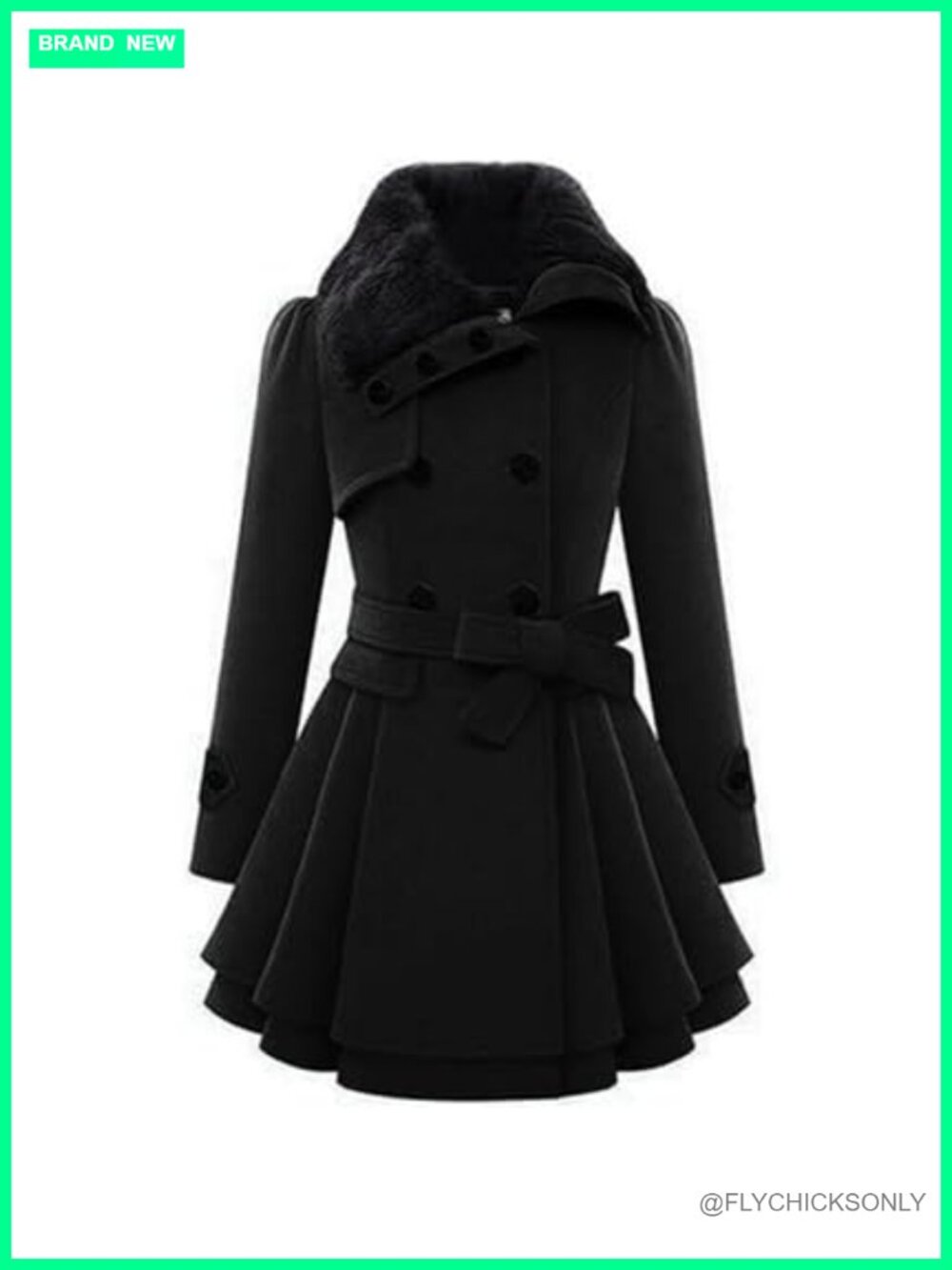 Womens Faux Fur Collar Double Breasted Flare Trench Coat